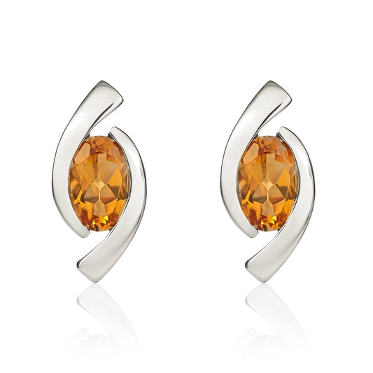 9ct White Gold Oval Natural Citrine Twist Stud Earrings — 6x4mm