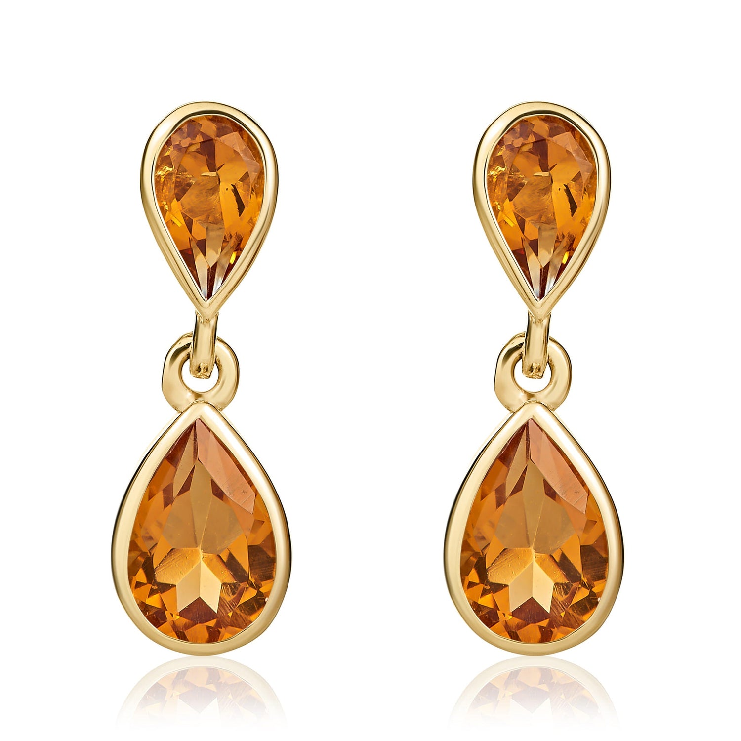 9ct Yellow Gold Pear Shaped Natural Citrine Two Stone Rubover Drop Earrings