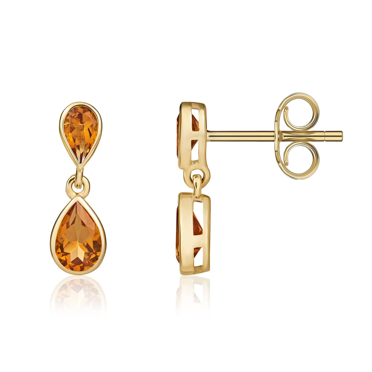 9ct Yellow Gold Pear Shaped Natural Citrine Two Stone Rubover Drop Earrings