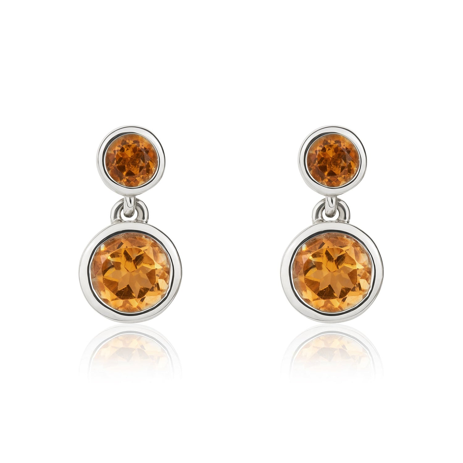9ct White Gold Round Natural Citrine Rubover 2 Stone Drop Earrings — 5mm & 4mm