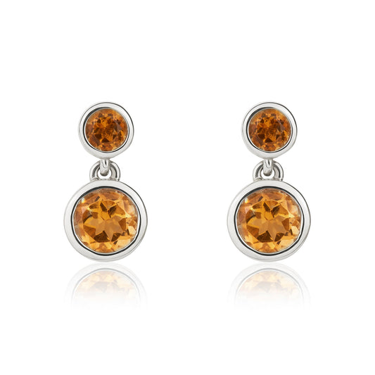 9ct White Gold Round Natural Citrine Rubover 2 Stone Drop Earrings — 5mm & 4mm