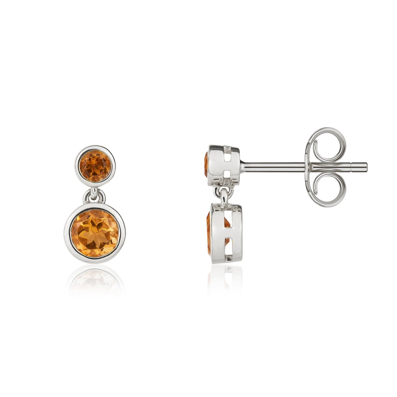 9ct White Gold Round Natural Citrine Rubover 2 Stone Drop Earrings — 5mm & 4mm
