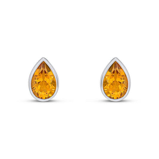 9ct White Gold Pear Shaped Natural Citrine Rubover Stud Earrings 9x6mm