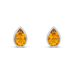 9ct White Gold Pear Shaped Natural Citrine Rubover Stud Earrings — 9x6mm