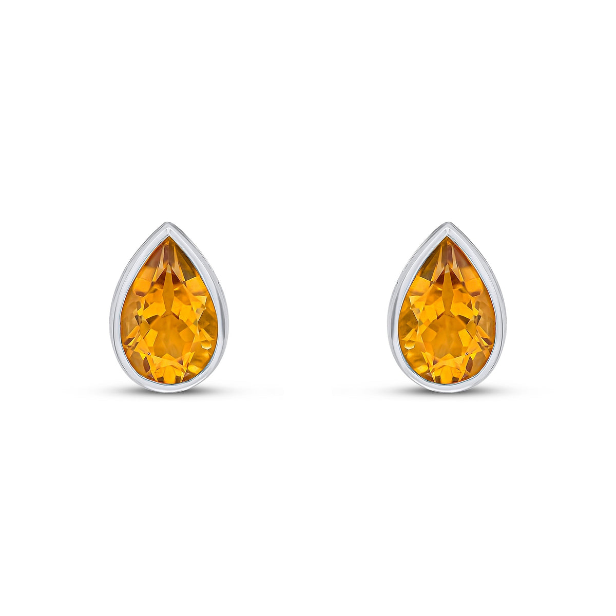 9ct White Gold Pear Shaped Natural Citrine Rubover Stud Earrings — 9x6mm