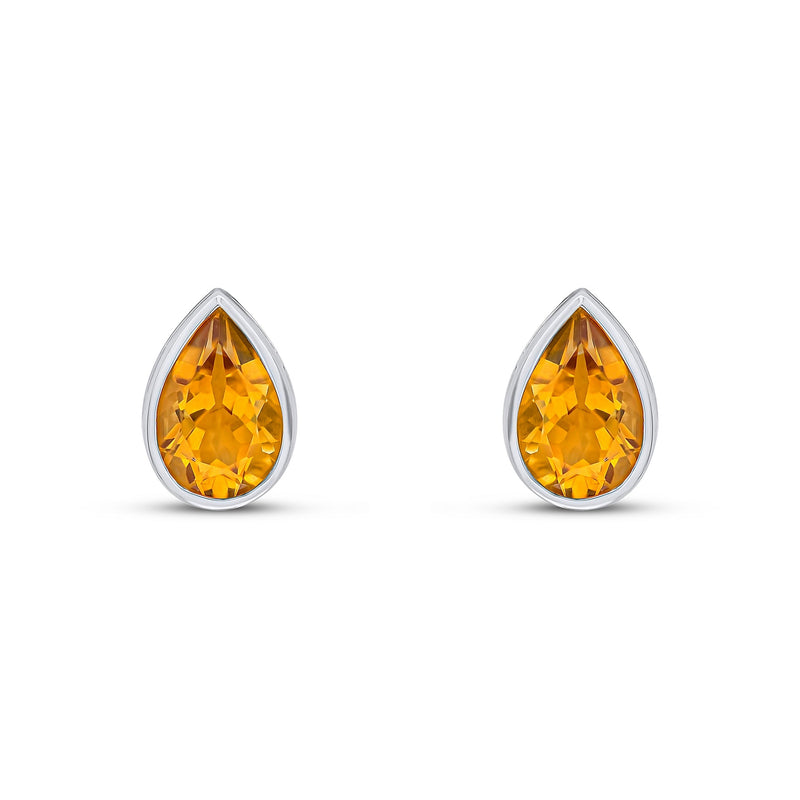 9ct White Gold Pear Shaped Natural Citrine Rubover Stud Earrings — 9x6mm