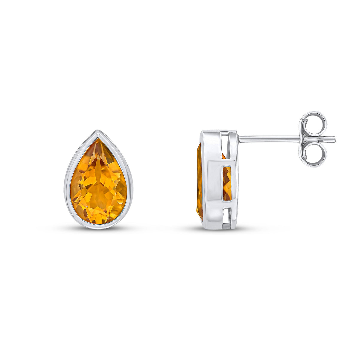 9ct White Gold Pear Shaped Natural Citrine Rubover Stud Earrings — 9x6mm