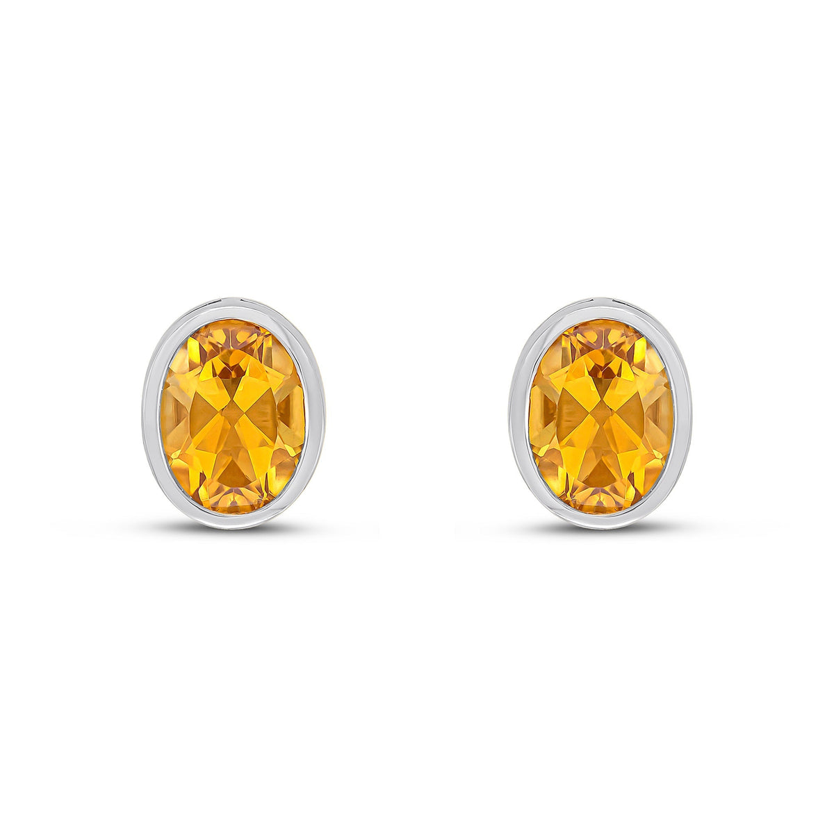 9ct White Gold Oval Natural Citrine Rubover Stud Earrings — 9x7mm