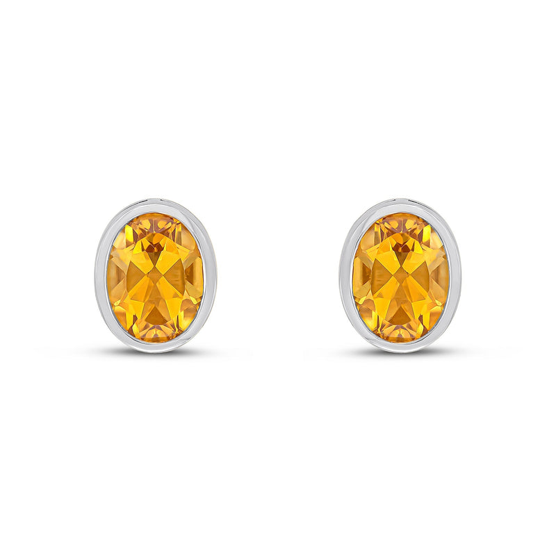 9ct White Gold Oval Natural Citrine Rubover Stud Earrings — 9x7mm
