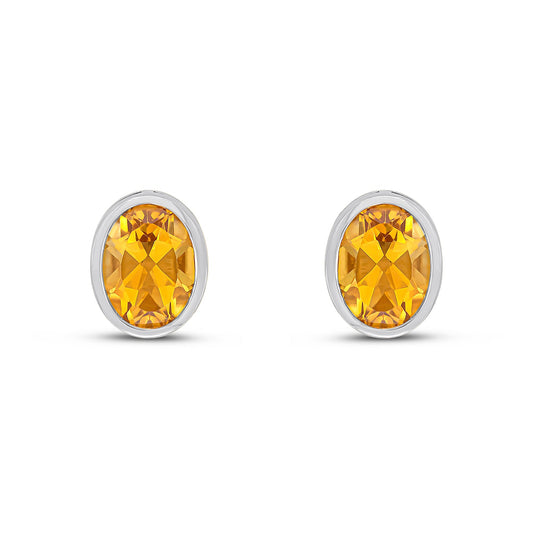 9ct White Gold Oval Natural Citrine Rubover Stud Earrings 9x7mm