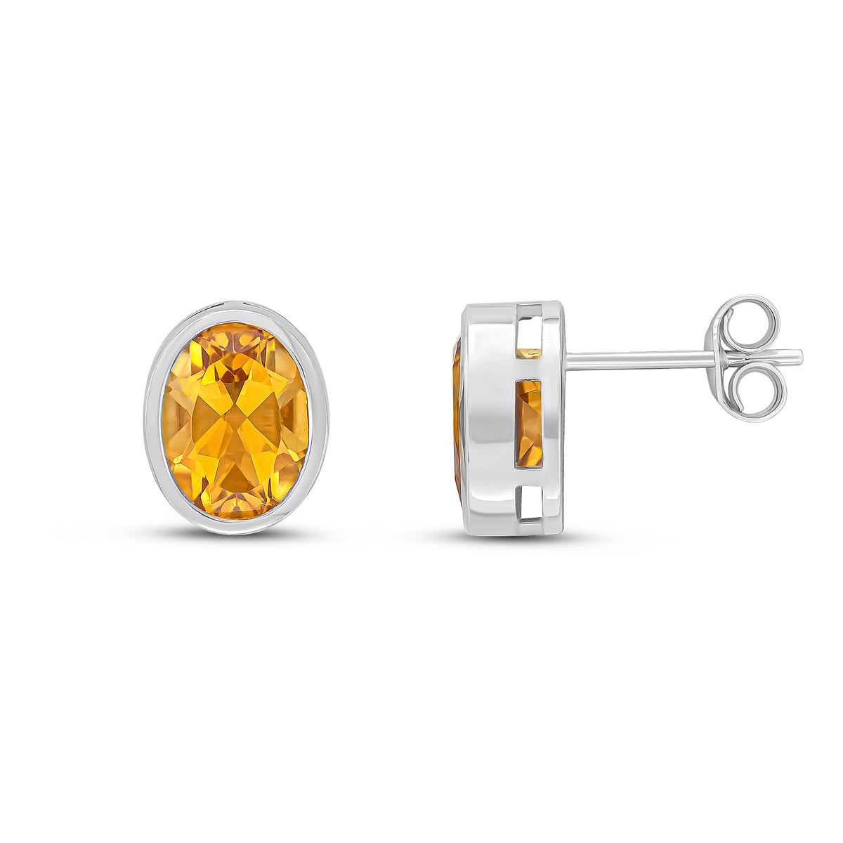 9ct White Gold Oval Natural Citrine Rubover Stud Earrings — 9x7mm