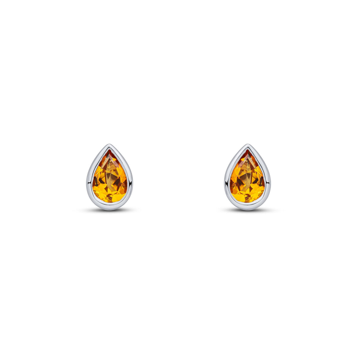 9ct White Gold Pear Shaped Natural Citrine Rubover Stud Earrings — 6x4mm