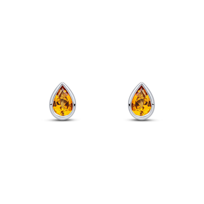 9ct White Gold Pear Shaped Natural Citrine Rubover Stud Earrings — 6x4mm
