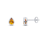 9ct White Gold Pear Shaped Natural Citrine Rubover Stud Earrings — 6x4mm