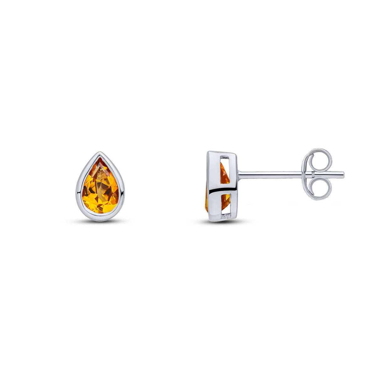 9ct White Gold Pear Shaped Natural Citrine Rubover Stud Earrings — 6x4mm