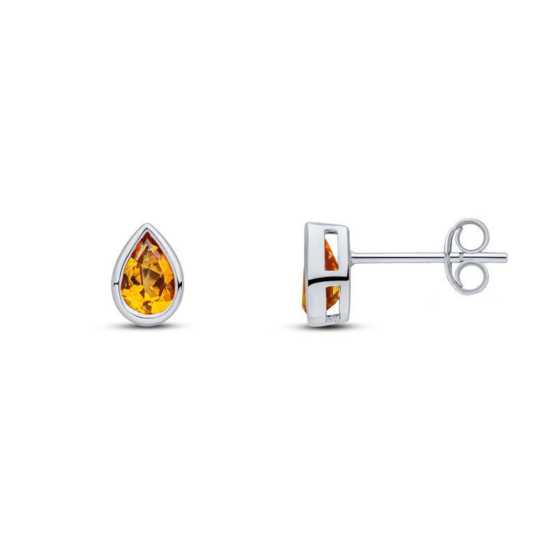 9ct White Gold Pear Shaped Natural Citrine Rubover Stud Earrings — 6x4mm