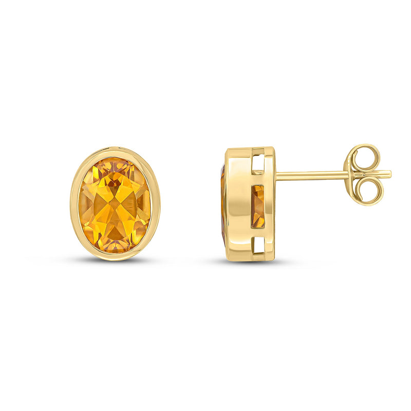 9ct Yellow Gold Oval Natural Citrine Rubover Stud Earrings — 9x7mm