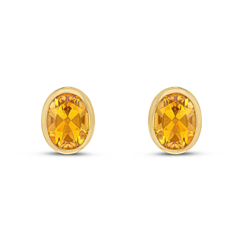 9ct Yellow Gold Oval Natural Citrine Rubover Stud Earrings — 9x7mm