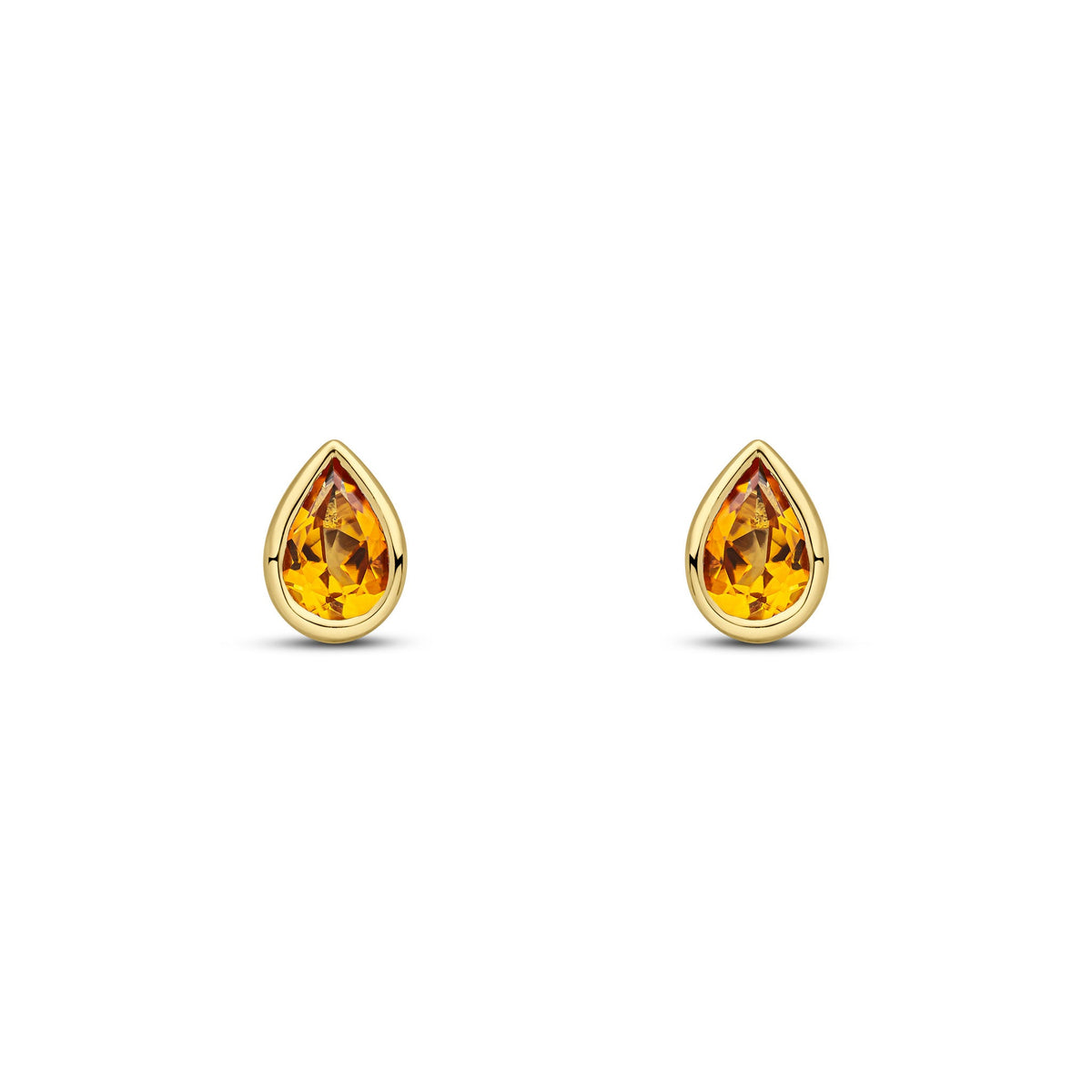 9ct Yellow Gold Pear Shaped Natural Citrine Rubover Stud Earrings — 6x4mm