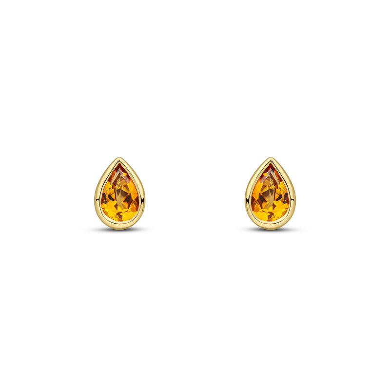 9ct Yellow Gold Pear Shaped Natural Citrine Rubover Stud Earrings — 6x4mm