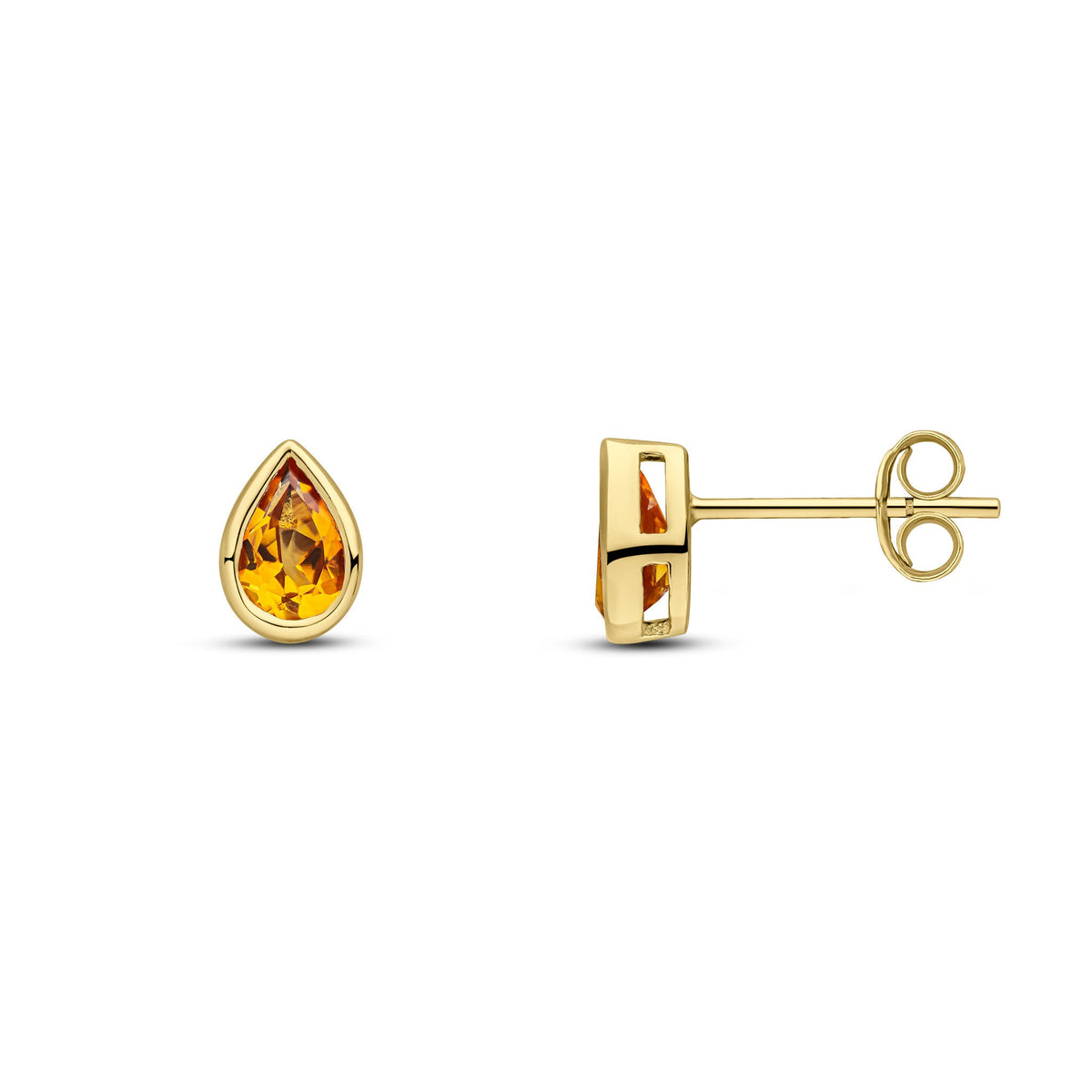 9ct Yellow Gold Pear Shaped Natural Citrine Rubover Stud Earrings — 6x4mm