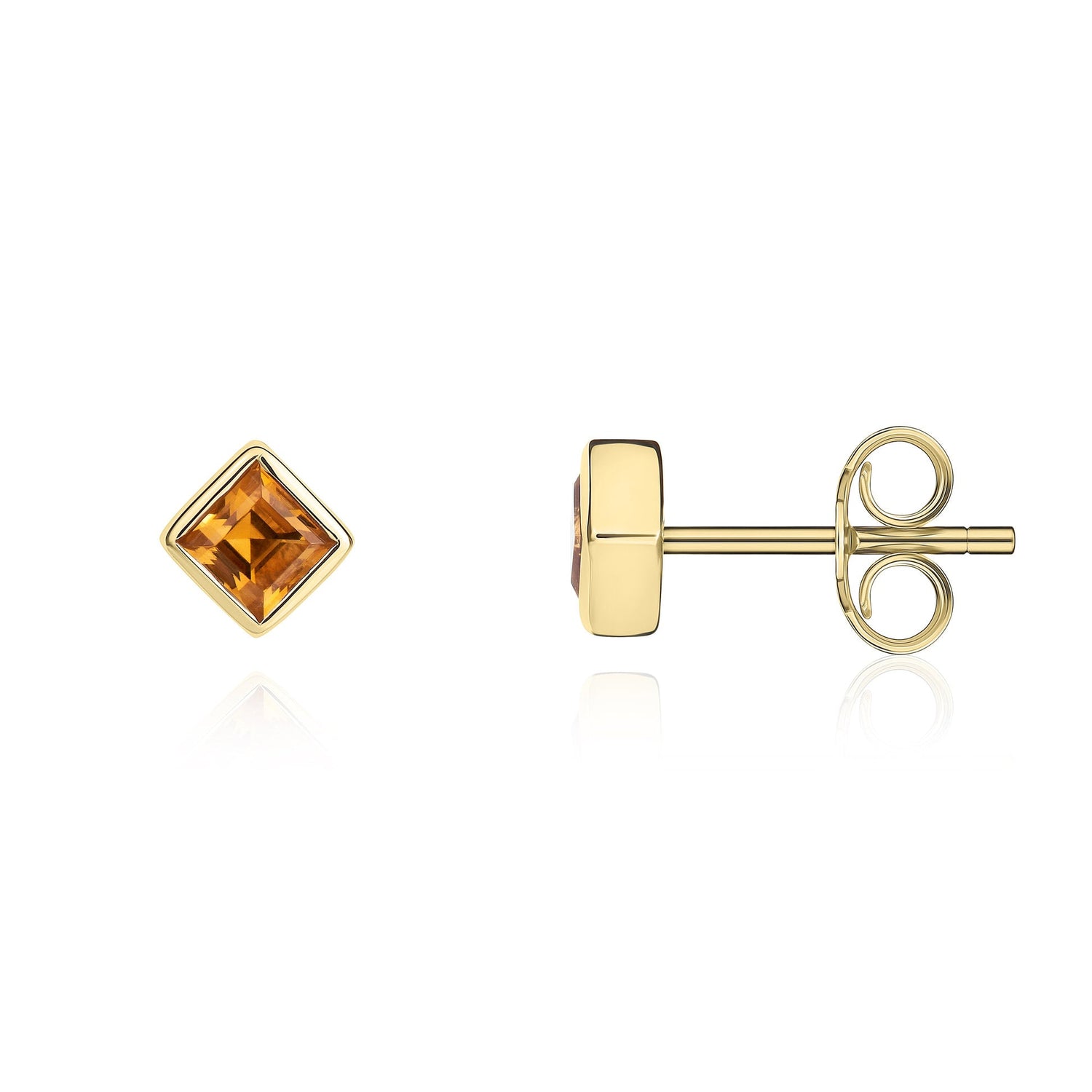 9ct Yellow Gold Square Natural Citrine Rubover Stud Earrings 3mm