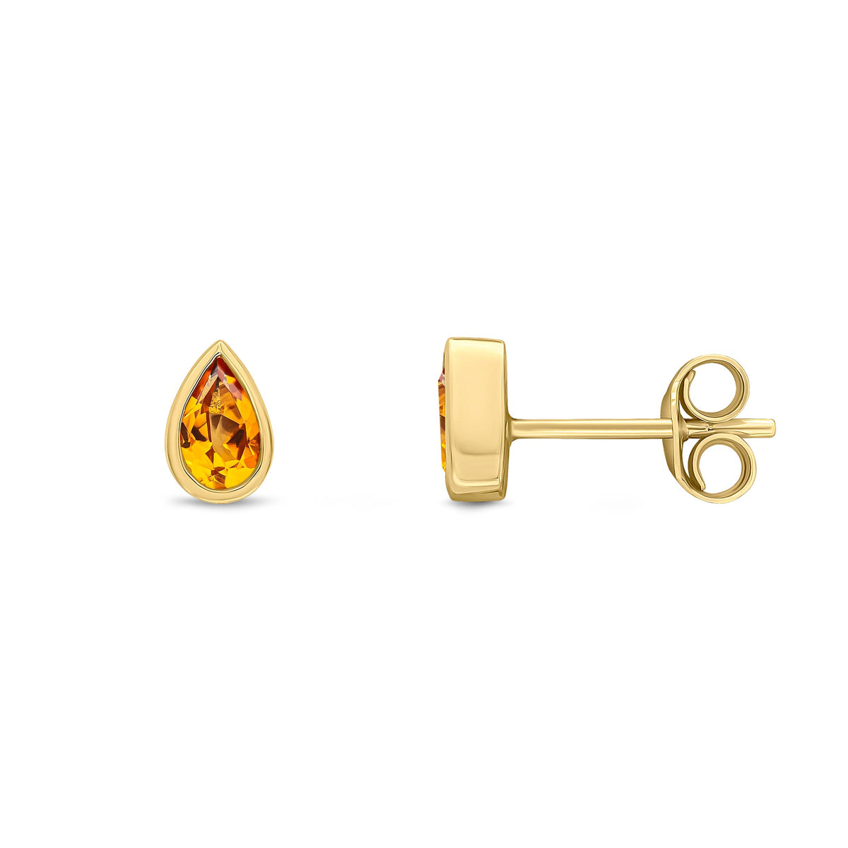 9ct Yellow Gold Pear Shaped Natural Citrine Rubover Stud Earrings — 5x3mm