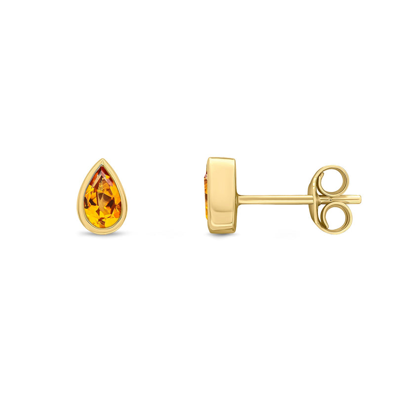 9ct Yellow Gold Pear Shaped Natural Citrine Rubover Stud Earrings — 5x3mm