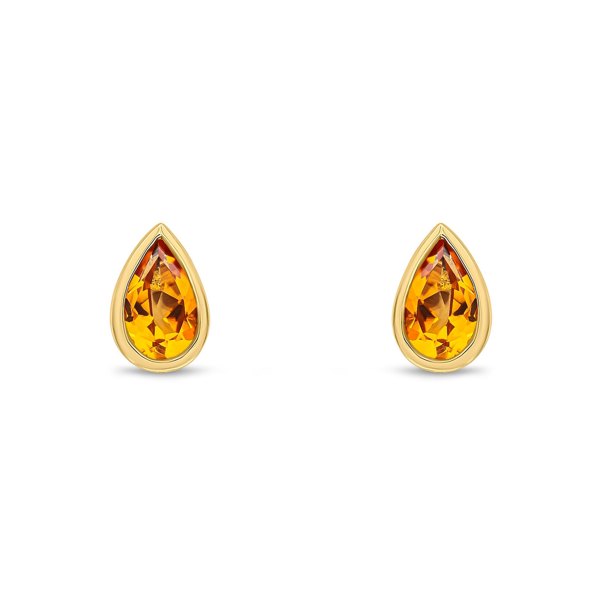 9ct Yellow Gold Pear Shaped Natural Citrine Rubover Stud Earrings — 5x3mm
