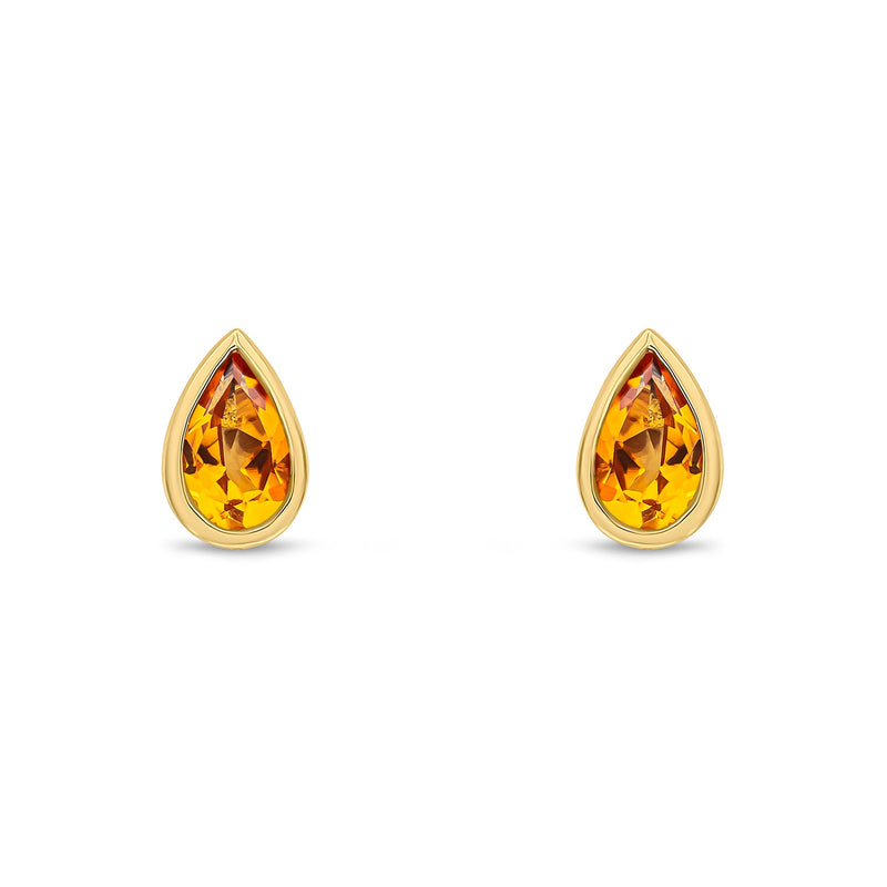 9ct Yellow Gold Pear Shaped Natural Citrine Rubover Stud Earrings — 5x3mm