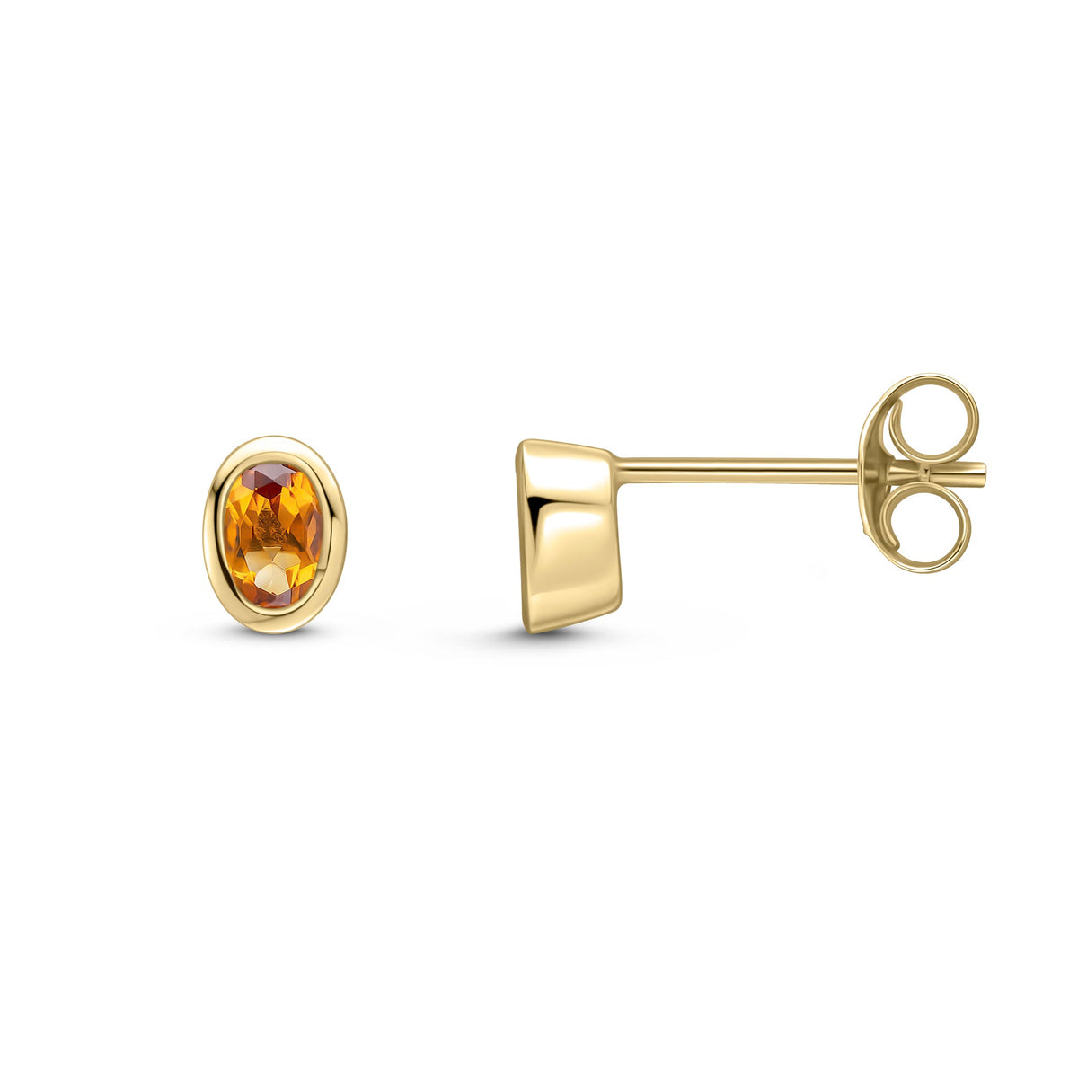 9ct Yellow Gold Oval Natural Citrine Rubover Stud Earrings — 4x3mm