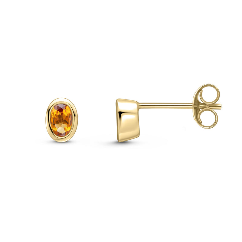 9ct Yellow Gold Oval Natural Citrine Rubover Stud Earrings — 4x3mm