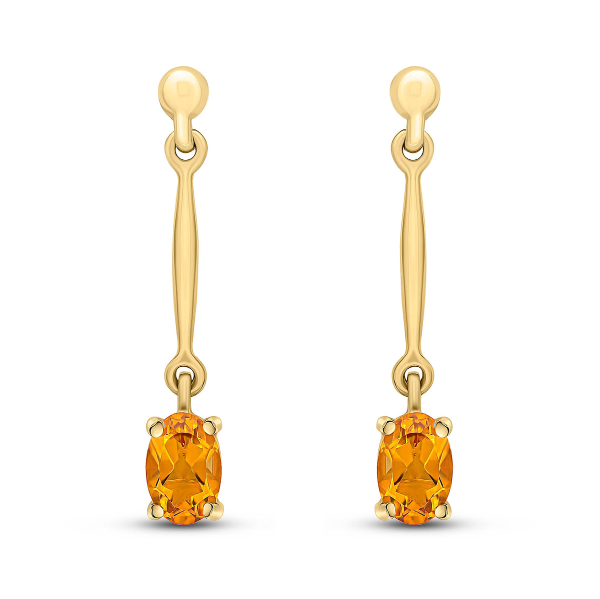 9ct Yellow Gold Oval Natural Citrine Claw Bar Drop Earrings — 6x4mm