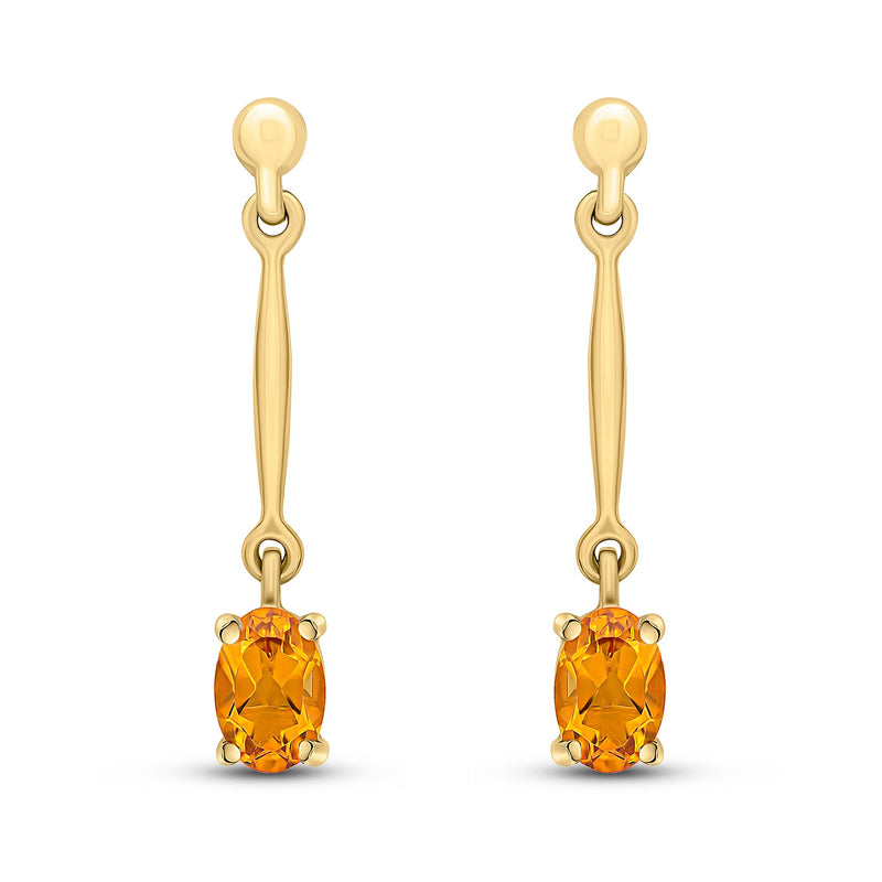 9ct Yellow Gold Oval Natural Citrine Claw Bar Drop Earrings — 6x4mm