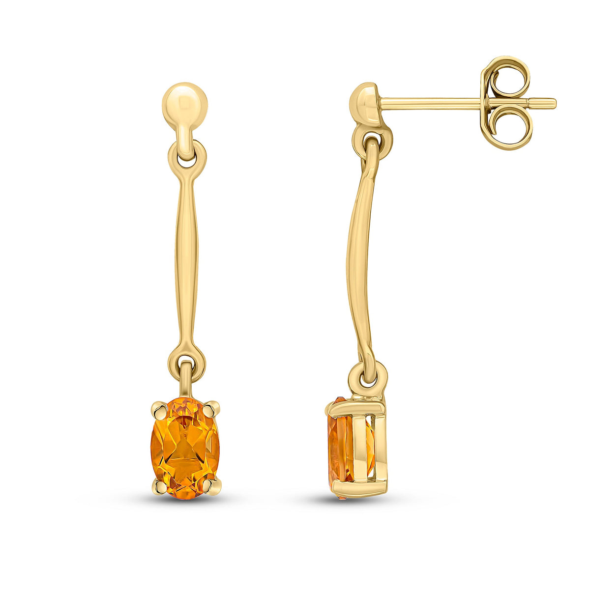 9ct Yellow Gold Oval Natural Citrine Claw Bar Drop Earrings — 6x4mm