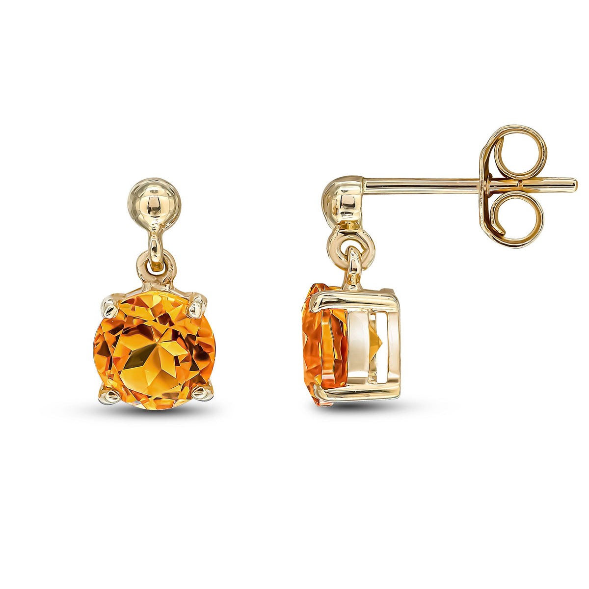 9ct Yellow Gold Round Natural Citrine Claw Drop Earrings with Bead Top — 6mm