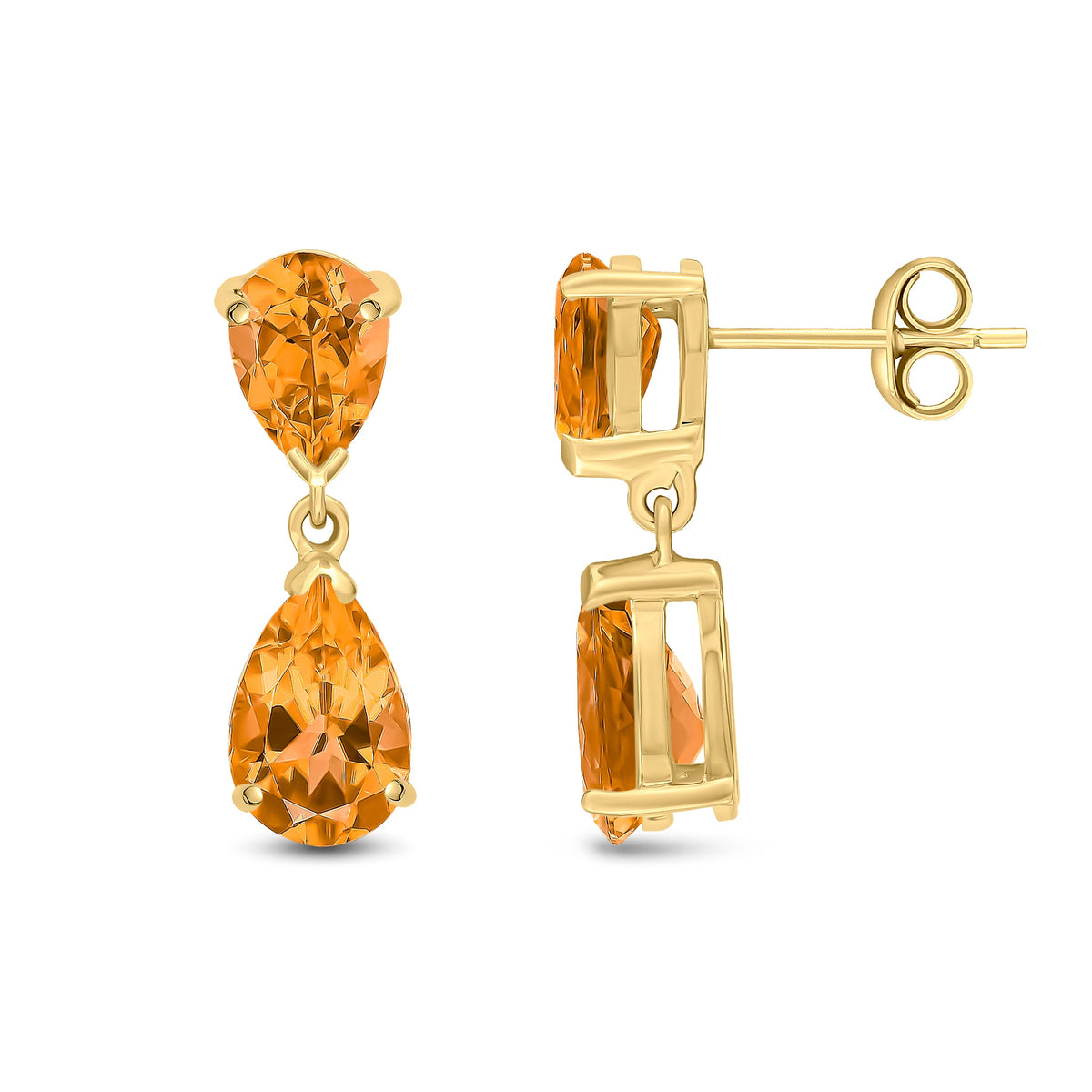 9ct Yellow Gold Pear Shaped Natural Citrine Two Stone Claw Drop Earrings — 9x6mm