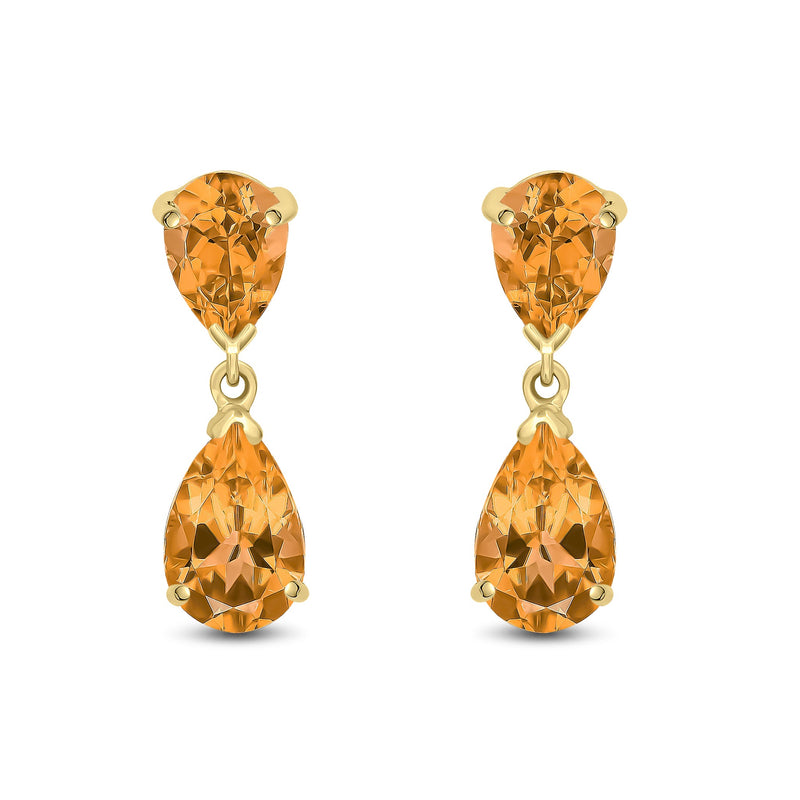 9ct Yellow Gold Pear Shaped Natural Citrine Two Stone Claw Drop Earrings — 9x6mm
