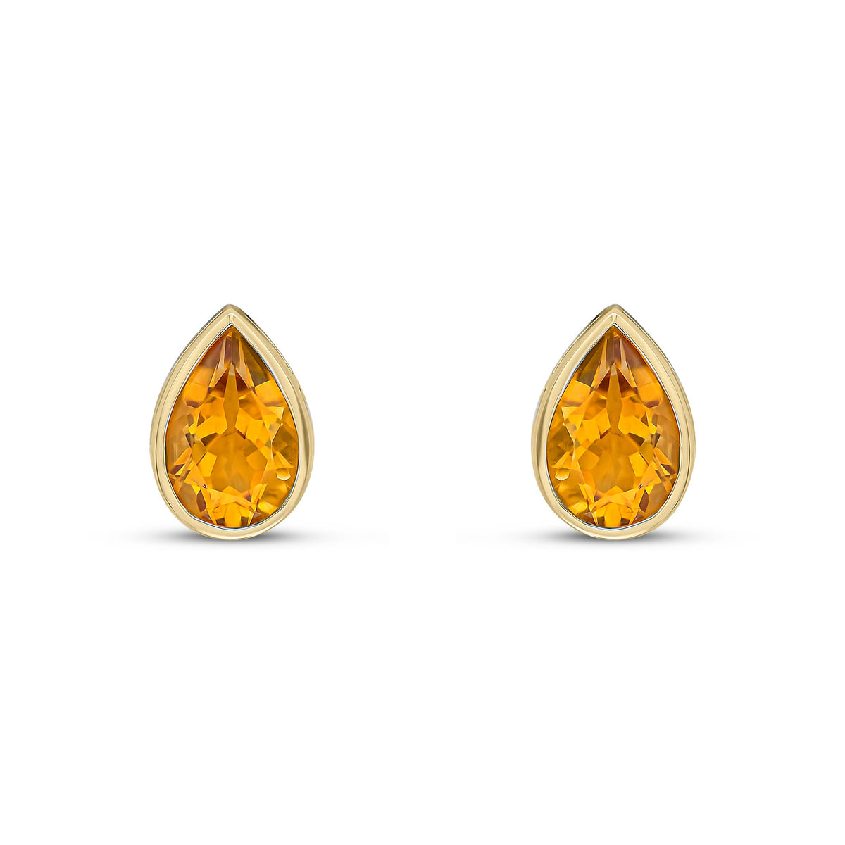 9ct Yellow Gold Pear Shaped Natural Citrine Rubover Stud Earrings — 9x6mm