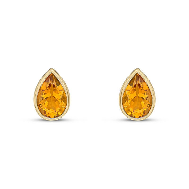 9ct Yellow Gold Pear Shaped Natural Citrine Rubover Stud Earrings — 9x6mm