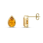 9ct Yellow Gold Pear Shaped Natural Citrine Rubover Stud Earrings — 9x6mm
