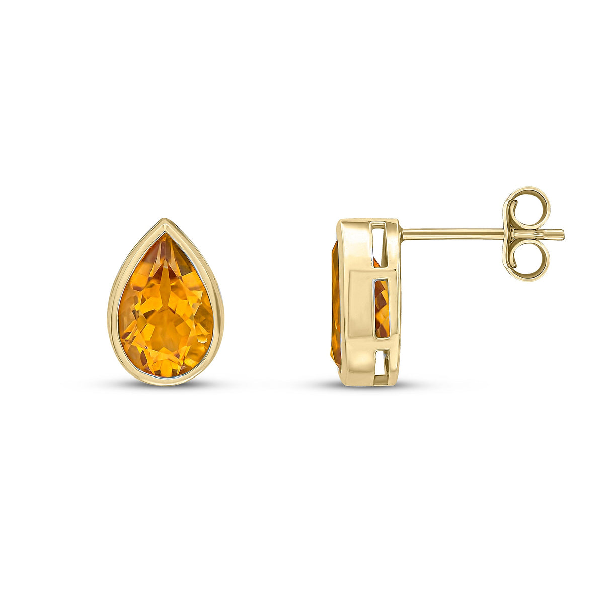 9ct Yellow Gold Pear Shaped Natural Citrine Rubover Stud Earrings — 9x6mm