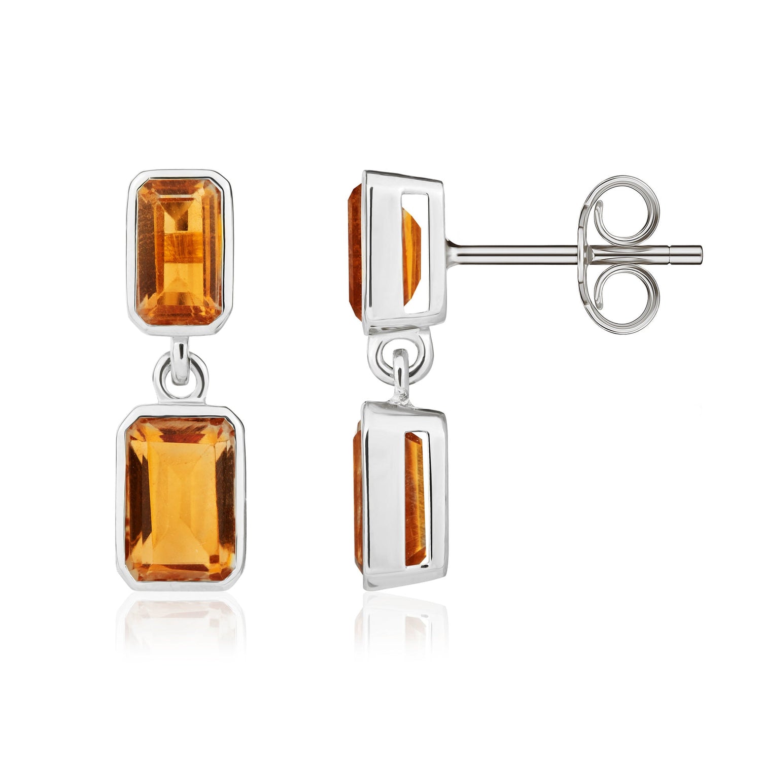 9ct White Gold Octagonal Emerald Cut Natural Citrine Double Stone Rubover Drop Earrings