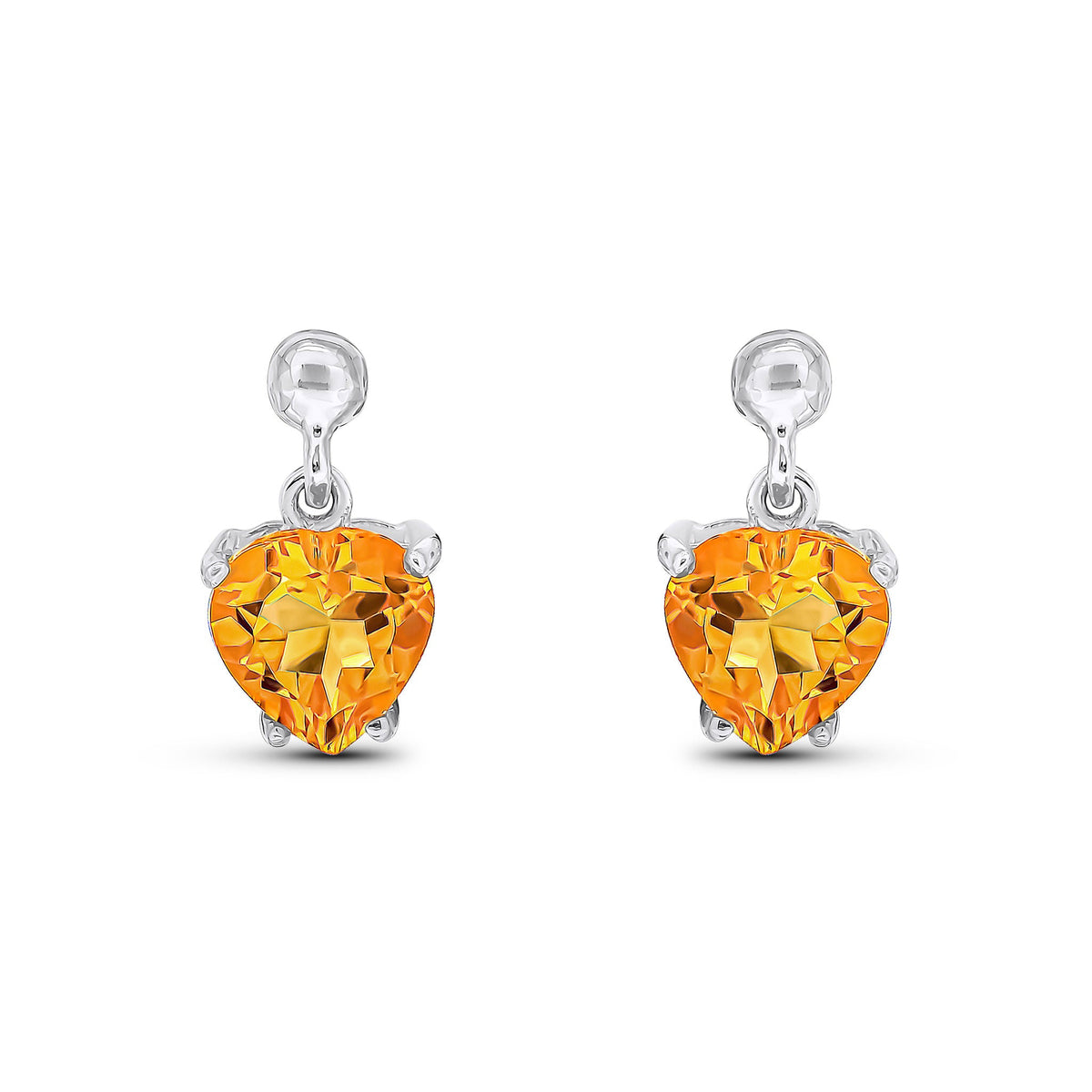 9ct White Gold Heart Shaped Natural Citrine Claw Drop Earrings with Bead Top — 6mm