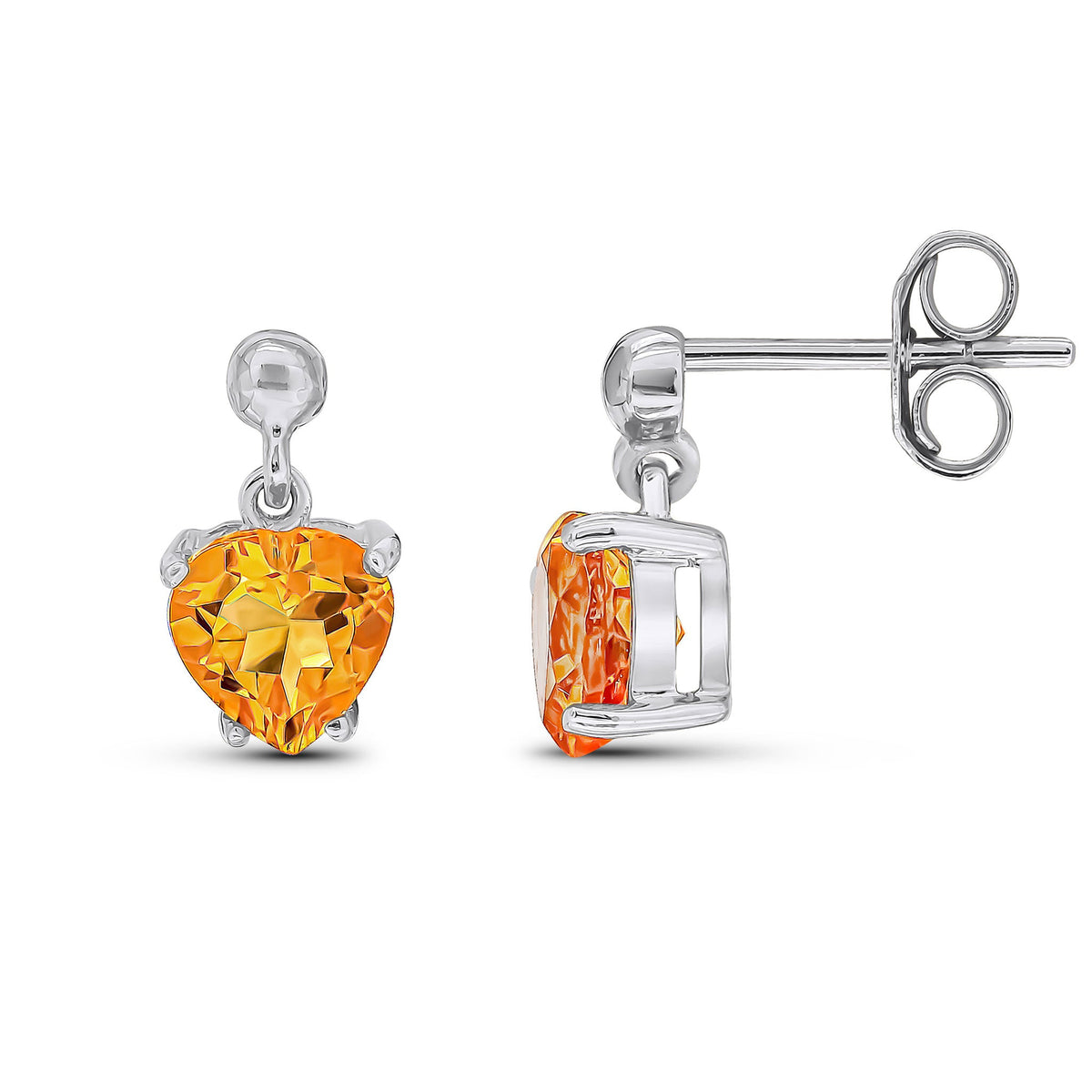 9ct White Gold Heart Shaped Natural Citrine Claw Drop Earrings with Bead Top — 6mm