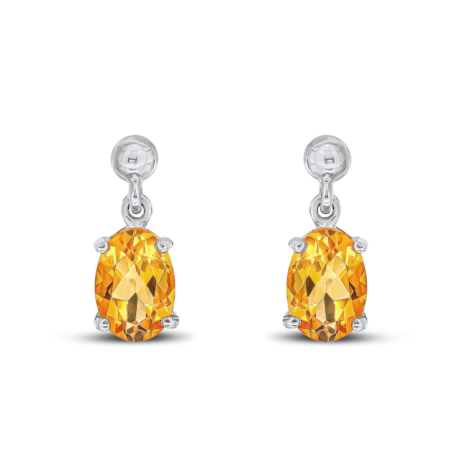 9ct White Gold Oval Natural Citrine Claw Drop Earrings — 7x5mm