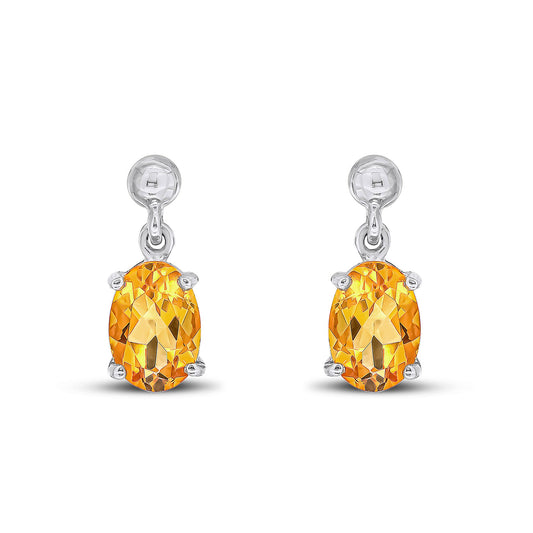 9ct White Gold Oval Natural Citrine Claw Drop Earrings — 7x5mm