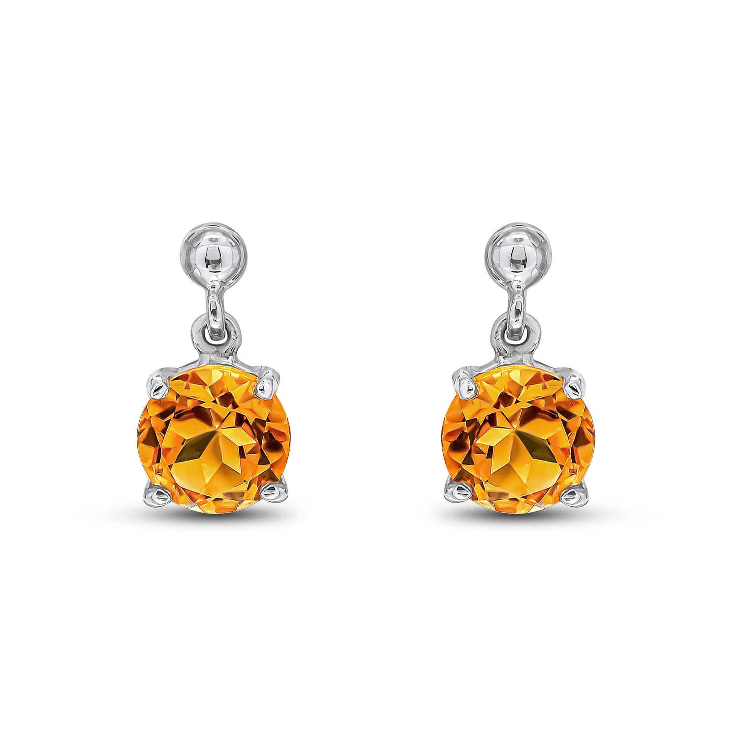 9ct White Gold Round Natural Citrine Claw Drop Earrings 6mm
