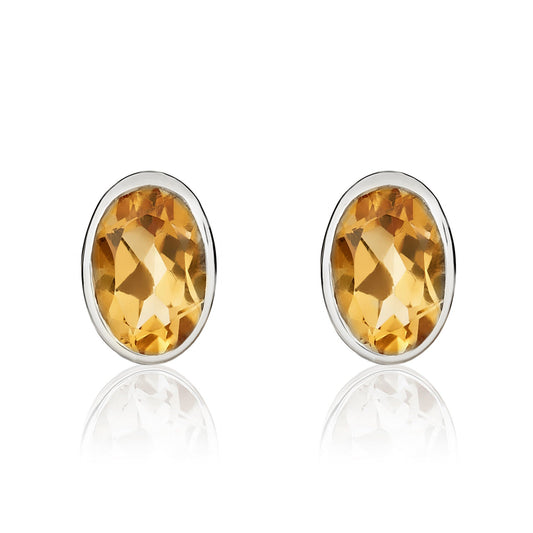 9ct White Gold Oval Natural Citrine Rubover Stud Earrings 7x5mm