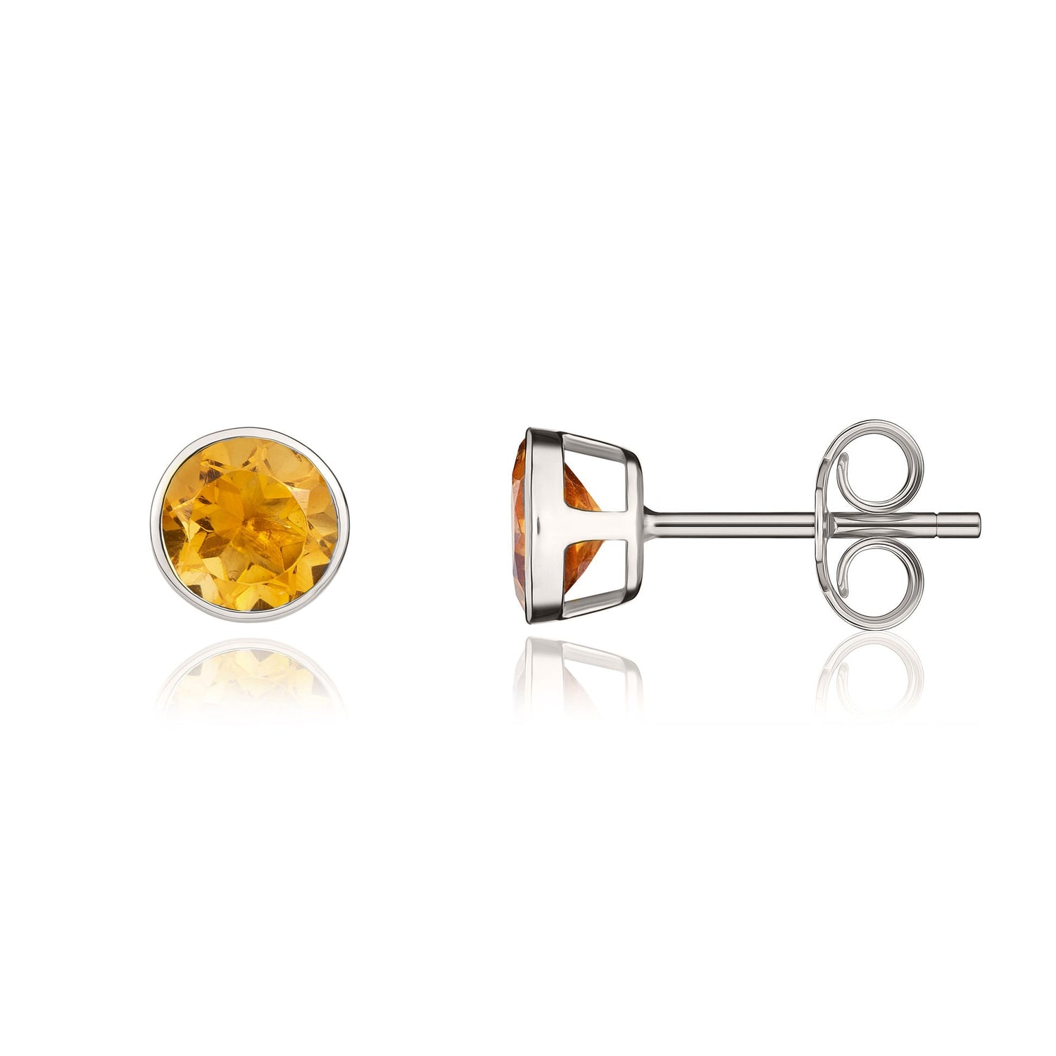 9ct White Gold Round Natural Citrine Rubover Stud Earrings — 5mm